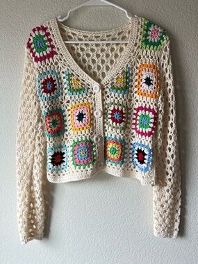 Cottagecore Granny Crochet Patchwork Festival Crop Knit Sweater